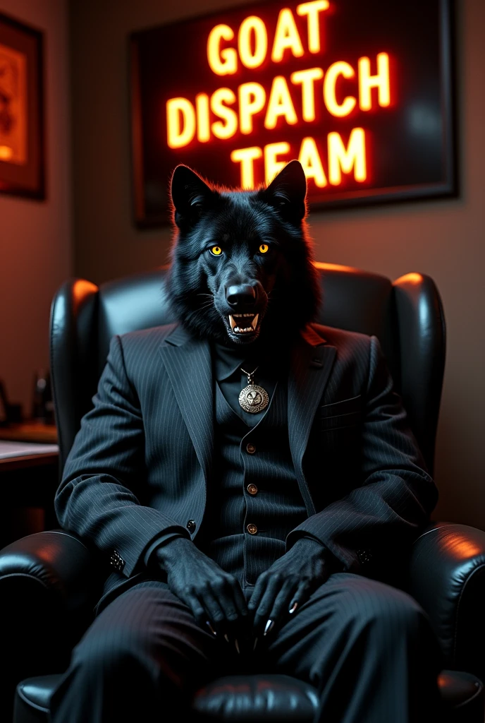 black angry wolf with gangster suit sitting on the chair in the office under the letter of "GOAT DISPATCH TEAM"
