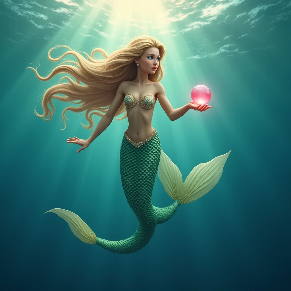 Draw a realistic mermaid with long golden hair, She swims in the sea, Her arms are reaching up, In her hands she holds a large, delicate pink pearl. Her tail is green, The scales shimmer and shine. Her hair covers her chest. The mermaid's eyes are blue, And the water in the sea is azure, Her head turned to the left