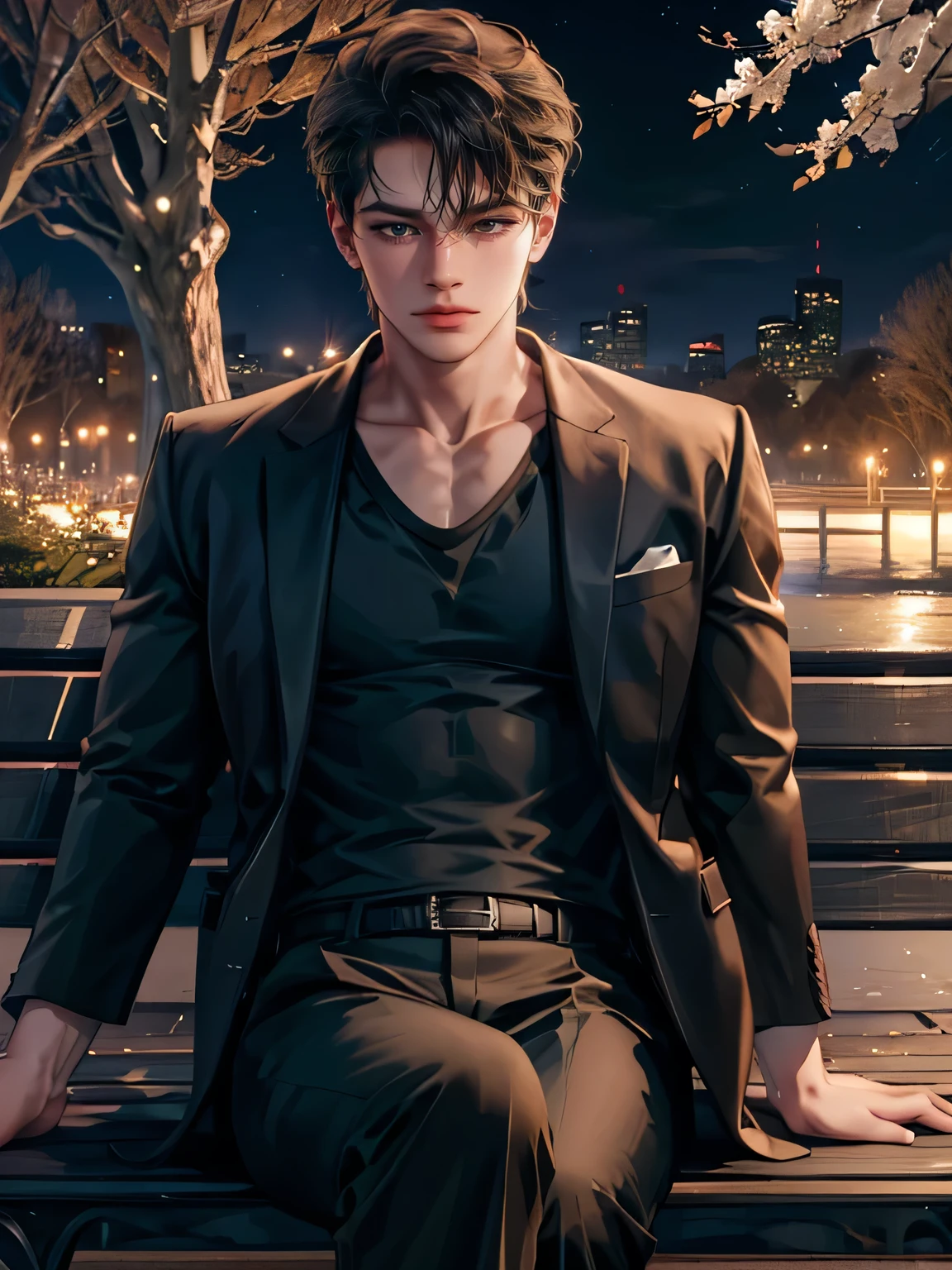 hight resolution)、masterpiece、top-quality、beautiful and beautiful boy、Dark brown shorthair、Wearing a black V-neck shirt and long white pants:1.5、sit on a bench、Looking at Viewer、Night、a park