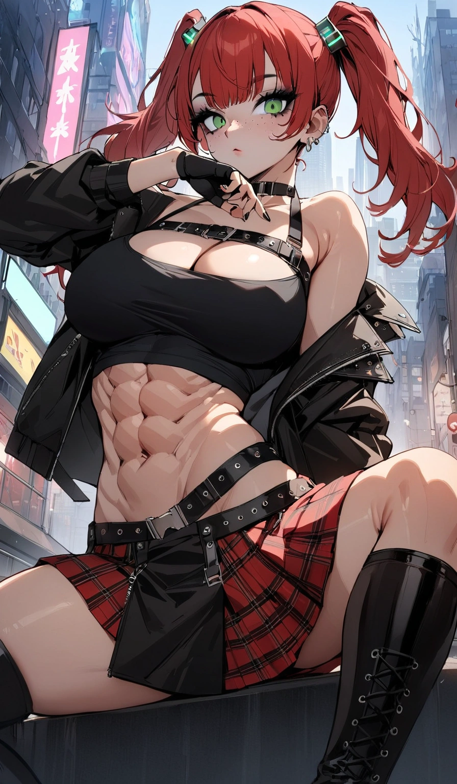 woman, curly red hair in pig tails, green eyes, black eyeshadow, wearing crop top black shirt, long black jacket, red plaid skirt, (black knee high boots), black fingerless gloves, exposed shoulders, large breasts, freckles, abs, cleavage, looking at viewer, masterpiece, best quality, Holo-Punk Style, in the city, make up, eyelashes