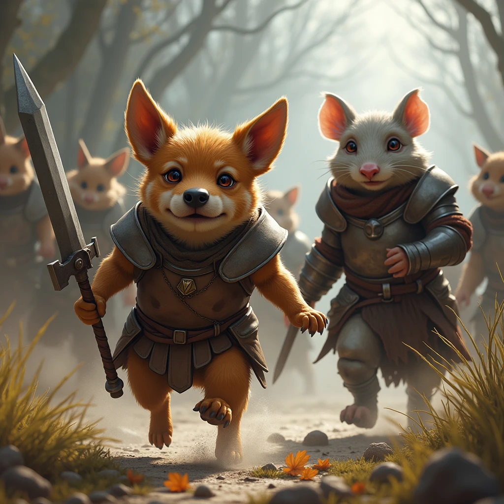 A little barbarian dog with big eyes and brown fur and a old ratfolk in armor enter in rage during a battle