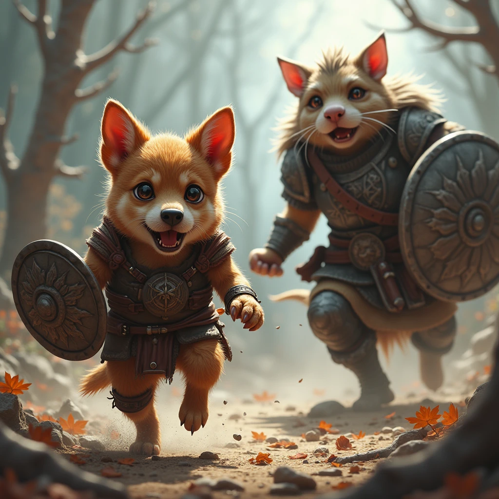 A little barbarian dog with big eyes and brown fur and a old ratfolk in armor enter in rage during a battle