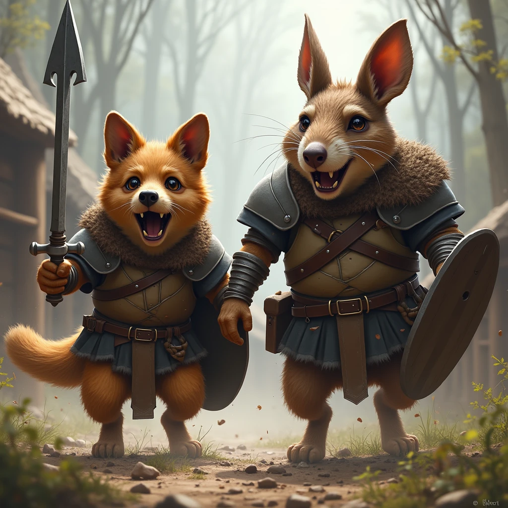 A little barbarian dog with big eyes and brown fur and a old ratfolk in armor enter in rage during a battle
