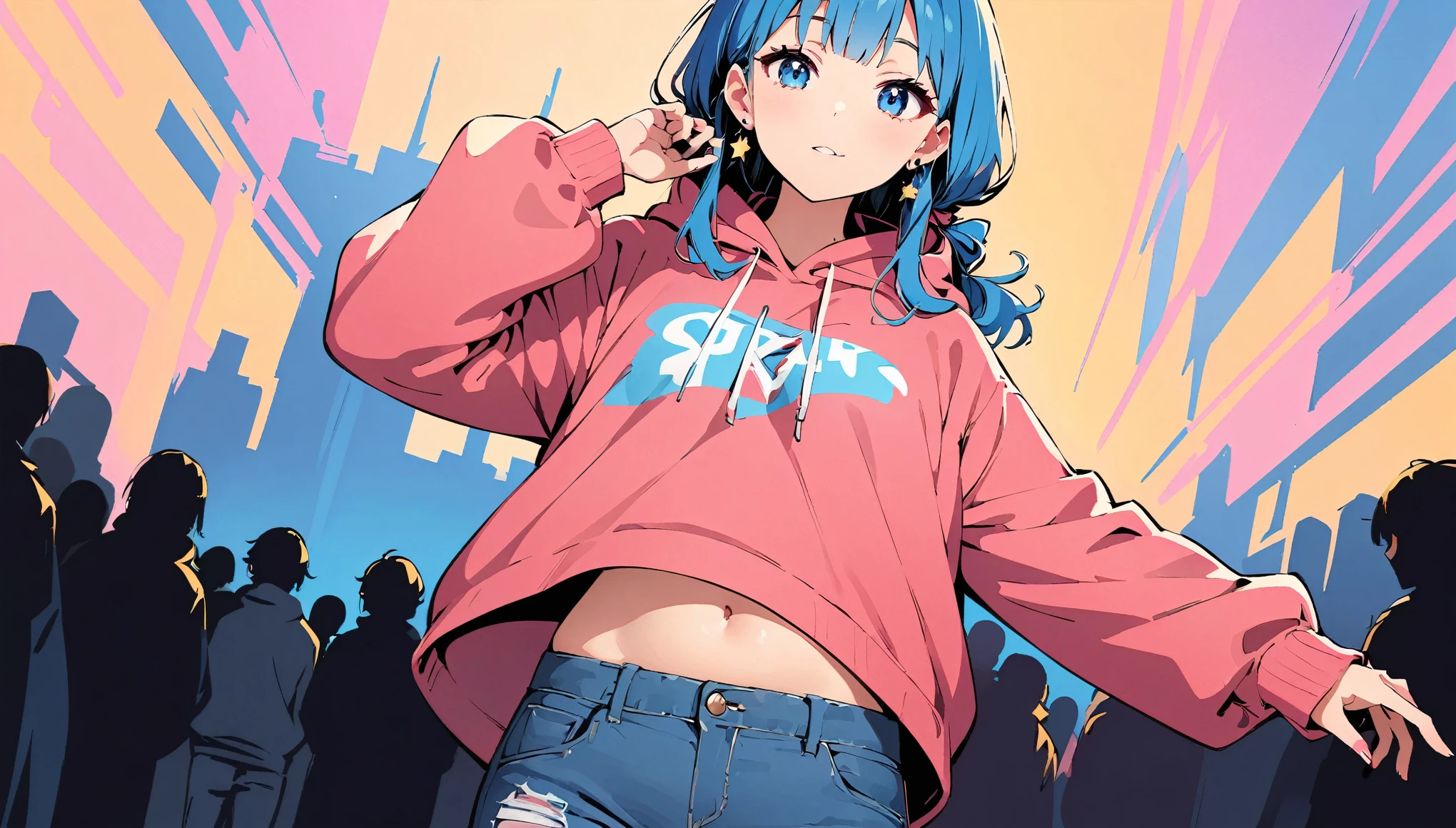 (high quality, 8k, 4K, High Contrast, masterpiece:1.2, 最high quality, Best aesthetics), (Dynamic Angle), ((1 female )), ((Plain and bright background)), ((Flat Color)), (Wearing a hood), (Harajuku Street Style Fashion),(jeans), Looking at the audience, Upper Body, Transparent Background, High Contrast, Contrasting colors, Cowboy Shot, Pale pink and blue lighting, Long Hair, ((Tied Hair)) , Blue Hair, Small star-shaped earrings in both ears, watch, bright eyeshadow, R-18, belly button