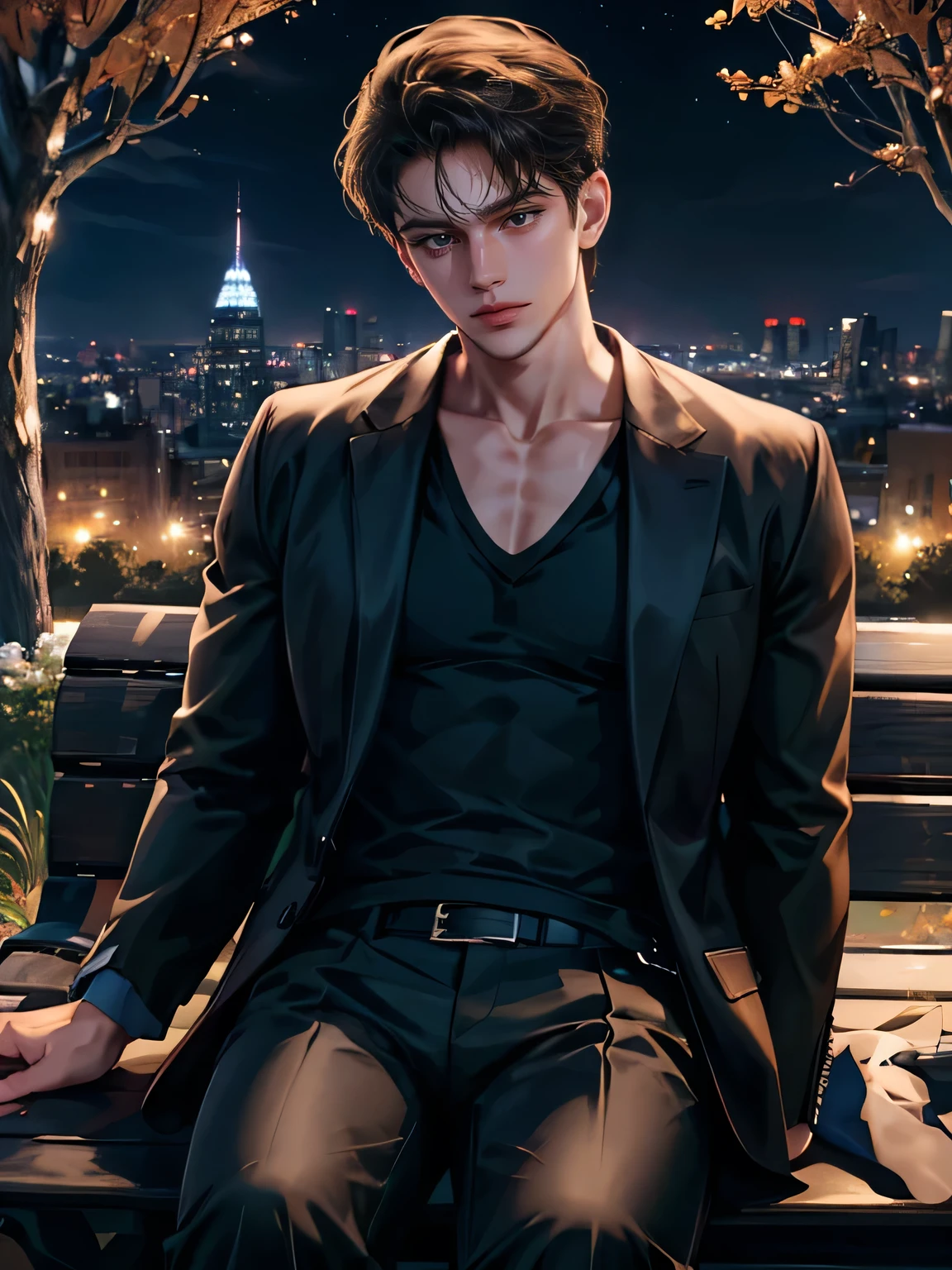 hight resolution)、masterpiece、top-quality、beautiful and beautiful boy、Dark brown shorthair、Wearing a black V-neck shirt and long white pants:1.5、sit on a bench、Looking at Viewer、Night、a park
