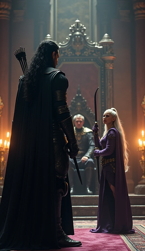 Vortex, a warrior with long black hair, dressed in a black coat and white shirt, stands confidently before the throne. His face is clearly visible, showing his determined and focused expression. He holds a dark sword with a firm grip, ready for the task ahead. Beside him stands Raven, a male elf archer in deep purple leather armor with flowing silver hair, holding a black bow. The king, seated on his throne, bestows the mission with a solemn expression, while the princess stands nearby, her face reflecting both concern and hope, adding a sense of urgency to the scene.