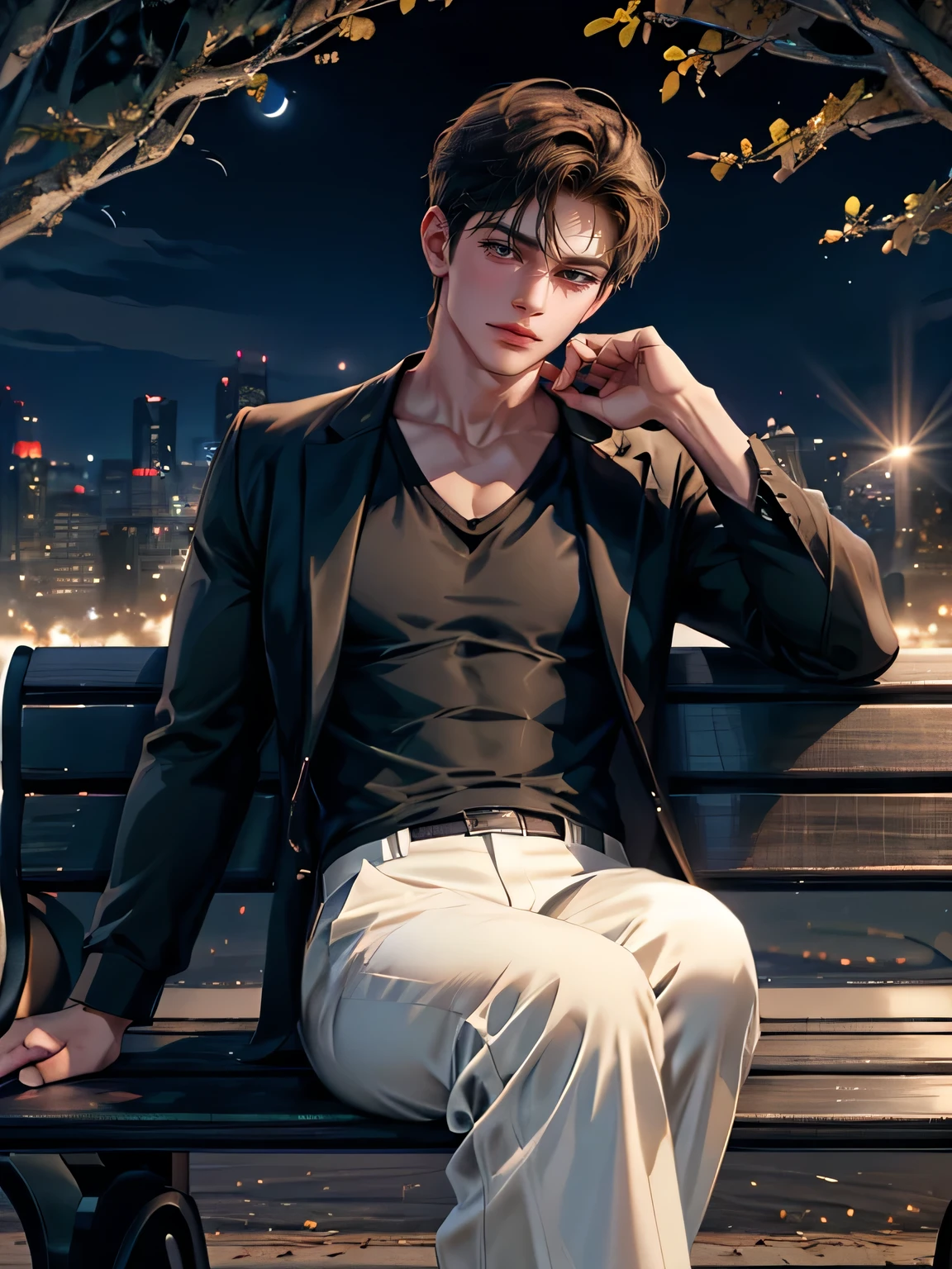hight resolution)、masterpiece、top-quality、beautiful and beautiful boy、Dark brown shorthair、Wearing a black V-neck shirt and long white pants:1.5、sit on a bench、Looking at Viewer、Night、a park