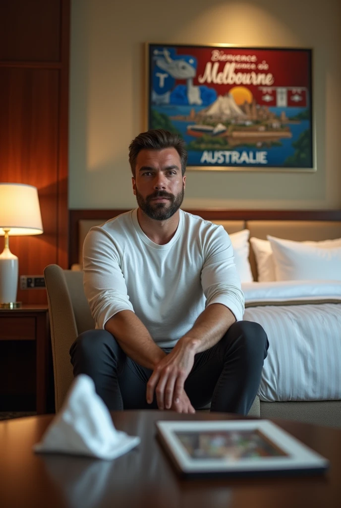 Homme caucasien grand de taille, charmant, un peu costaud, habillé en pantalon et tee-shirt manche longue, assis ou adossé sur une table dans une grande chambre d'hôtel, sur la table qu'il y ait également un papier mouchoir déjà utilisé sur la table et sur le lit de l'hôtel qu'il soit déposer un cadre photo grand ou moyen qu'il est possible de faire arrêter sur le lit et faire face à la caméra et sur le mur du chevet du lit un tableau sur lequel il est écrit en français : Bienvenue à Melbourne AUSTRALIE et autour de la phrase qu'il y ait les emblèmes du Canada Québec ou le drapeau du Canada Québec
