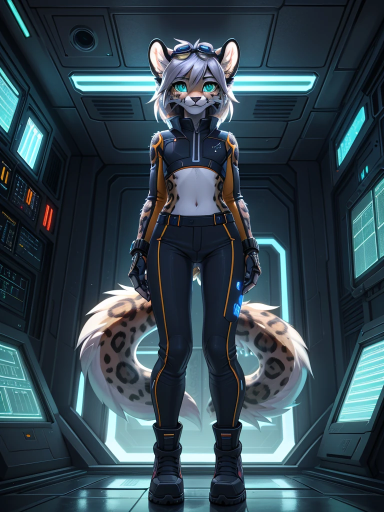 Beautiful, (masterpiece), high quality, perfect lighting, Highly detailed CG Unity 8k wallpaper, High resolution, perfect lighting, youthful, tall, slim, skinny, frail slender figure, slim legs, distinctly feminine figure, narrow hips, long legs, close-up shot:
Beautiful, (masterpiece), high quality, perfect lighting, Highly detailed CG Unity 8k wallpaper, High resolution, perfect lighting, youthful, tall, slim, skinny, frail slender figure, slim legs, distinctly feminine figure, narrow hips, long legs, close-up shot:
Species: Amur Leopard
Hair color: Silvery platinum with subtle iridescent streaks
Hair style: Shaved on one side, long and swept over to the other side
Texture: Slightly greasy and unkempt
Eye color: Vivid electric green with cybernetic pupil enhancements
Fur color and pattern: Classic leopard rosettes in deep charcoal on a pale gray background. Some patches of fur are slightly matted or discolored from engine grease and coolant stains.
Clothes:

Worn, oil-stained mechanic's jumpsuit unzipped to the waist and tied around her hips
Grungy crop top with a faded holographic band logo
Heavy-duty magnetic boots with scuff marks and exposed circuitry
Fingerless gloves with built-in holographic interface panels

Accessories:

Cybernetic implant visible at the temple, with subtle glowing lines tracing down her neck
Assortment of practical tools hanging from a utility belt
Transparent datapad clipped to her thigh
Smudged protective goggles pushed up on her forehead
Nanotech tattoo on her arm that shifts and moves subtly

Pose: Crouched on top of a large piece of machinery, one hand steadying herself, the other reaching into an open panel
Expression: Focused concentration with a hint of determination
Activity: Repairing a malfunctioning gravity generator in zero-g conditions
Background: Interior of a massive, run-down space freighter. Floating debris and tool parts suspended in the air. Flickering holo-displays showing ship diagnostics. Other areas of the cargo h