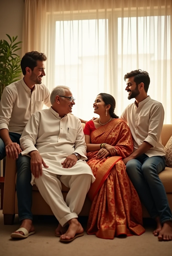 A father with white dress mothe with saree they all are sitting in a soffa  and there two men and the mens are skini sitting both of the saids like a family photo 