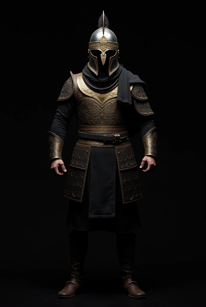 A Turkish warrior in T-pose body with constant color bg black clothing and fully face covered helmet