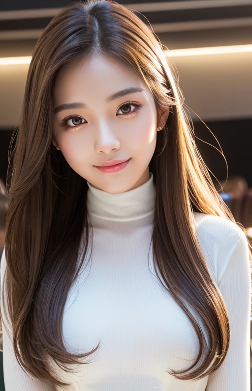 Latex bodysuit、Knee-high boots、Huge 、Long brown hair、Shiny, Oily skin、Glowing Skin、Indoor competition pool、White skin、(RAW Photos), (Realistic), (masterpiece), (Highest quality), High resolution, 8k resolution, (Intricate details), (Lightweight and voluminous), Portraiture, woman, Medium Hair, Straight hair, Layered Hair, Brown Hair, Highly detailed eye, Very thin eyebrows, Highly detailed skin, Highly detailed mouth, Highly detailed nose, Cute like an idol, smile, ((Thick lips)), ((look into the viewer'eye)), (Shapely breasts), (Cleavage), , (Westshot), Bright cafe terrace background with city view, Randomly oriented bodies