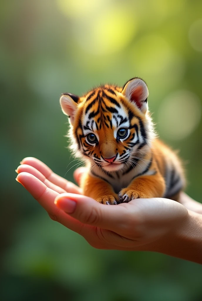 There is a small tiger cub sitting in a person's hand, a small tiger cub, a small animal, sitting on a finger, cute and cute, cute and cute, cute kitty, cute tiger cub, the photo is very realistic, small  Very, beautiful tiger photo, just a neat little thing, cute little nose, beautiful and cute, beautiful creature, pretty cute, very detailed photo.