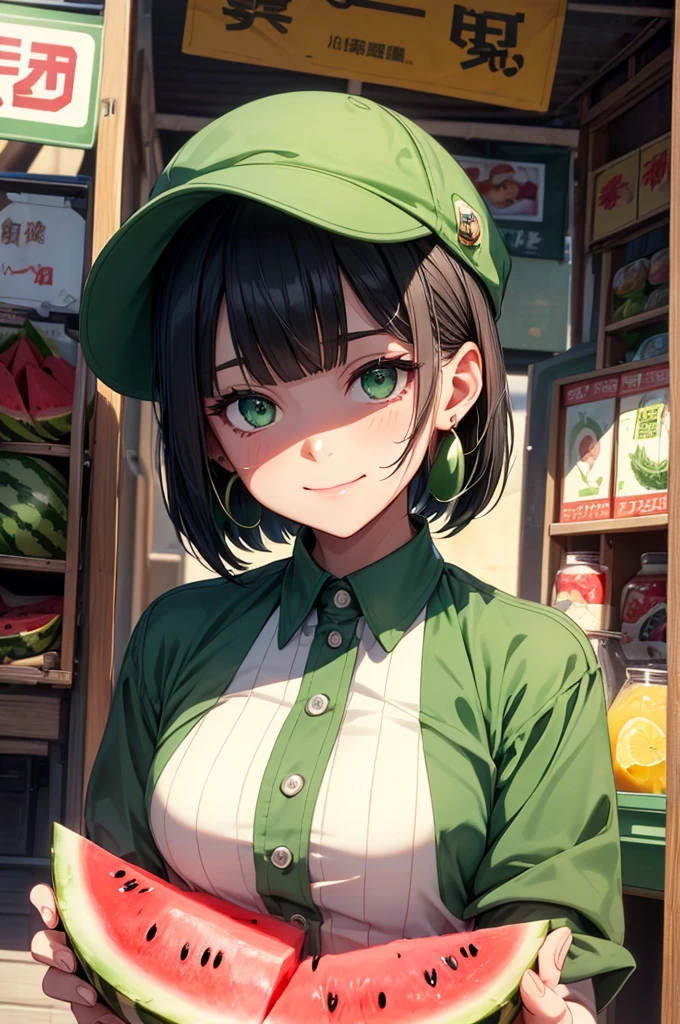 Juice wagon sales、Watermelon juice、Black Bob Cut、Pin your bangs in place、Beautiful round green eyes、Look at your customers、A smile explodes、Earrings、Wearing uniform、Green with white pinstripes、Cricket cap、The sign has an illustration of a watermelon with eyes. 、Anime Style、prosperous store、Bright atmosphere、Refreshing summer moments