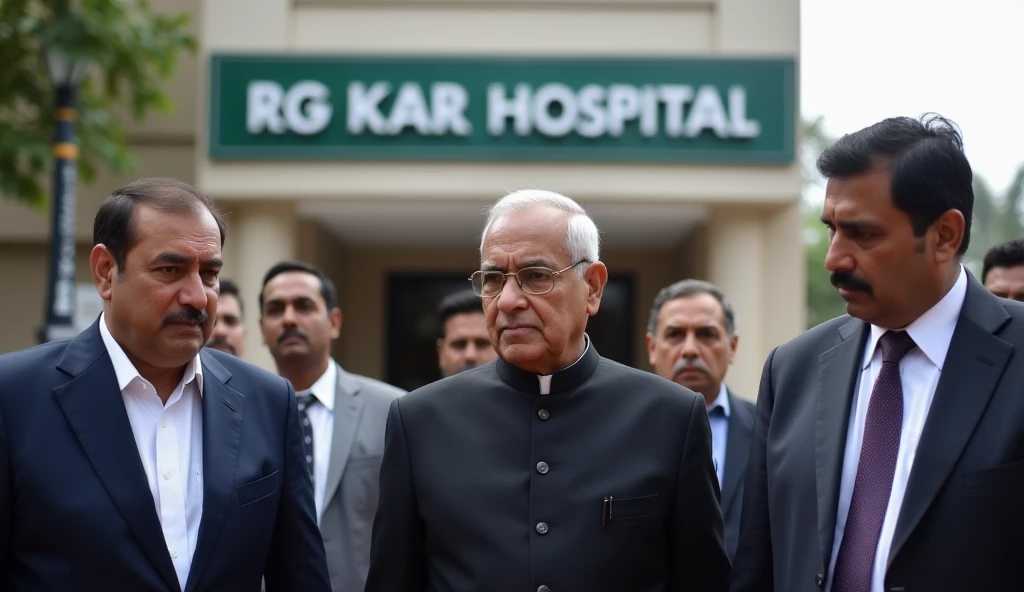 Create an image featuring prominent Indian political leaders gathered in front of 'RG Kar Hospital'. The scene should include:A realistic depiction of the hospital with a visible sign that reads 'RG Kar Hospital'.Prominent Indian political leaders in formal attire, arranged in a respectful manner as if they are engaged in discussion or waiting.Ensure the leaders are shown in a dignified and realistic manner, reflecting their positions of authority.The setting should include details such as hospital signage, a clean and professional environment, and appropriate context.Ensure the image is respectful and maintains the dignity of the individuals and the hospital face expression is very sad