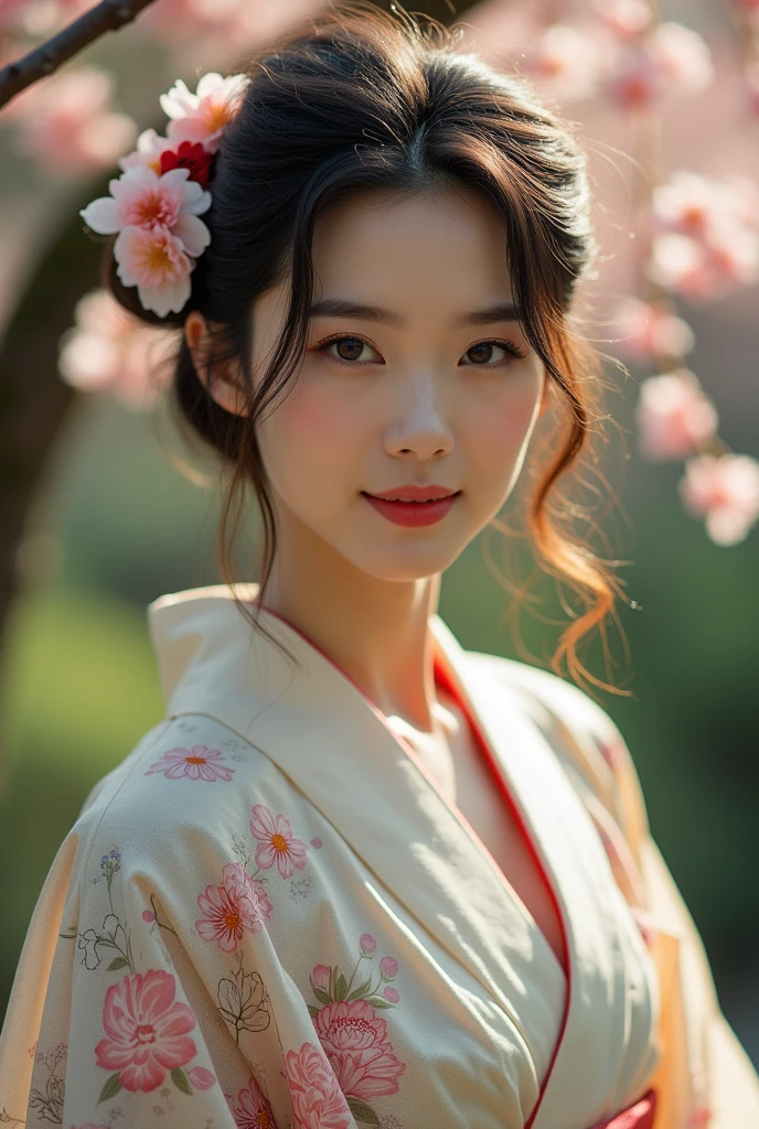 An elegantly dressed Japanese woman in natural light、A close-up of her chest and calm expression.、It shows her inner peace and outer charm.。