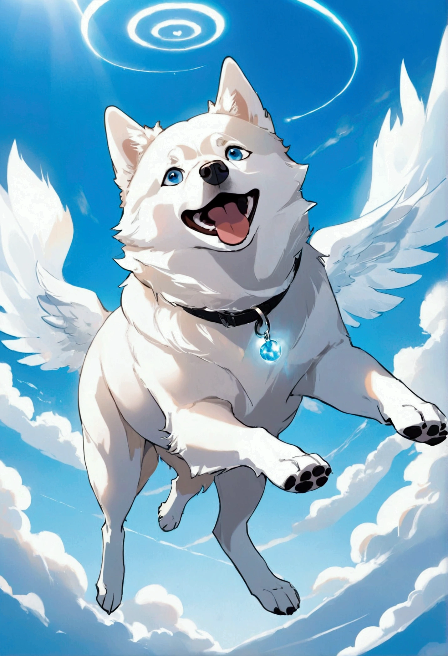 Thin white husky dog. has blue eyes. It levitates towards the blue sky like an angel. It has no wings. It goes to the other life. the image transmits peace, peace and hope. Without a leash.