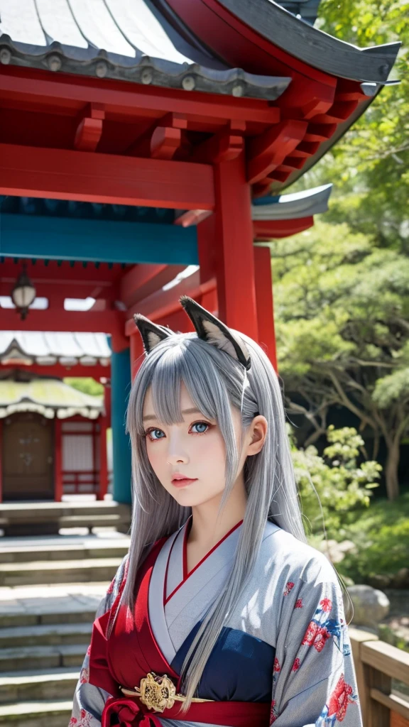 Fox ears、、Gray Hair、Red and blue odd eyes、Japanese style clothing、shrine