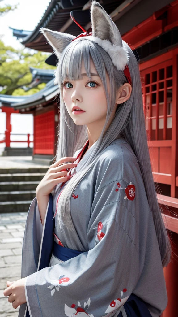 Fox ears、、Gray Hair、Red and blue odd eyes、Japanese style clothing、shrine