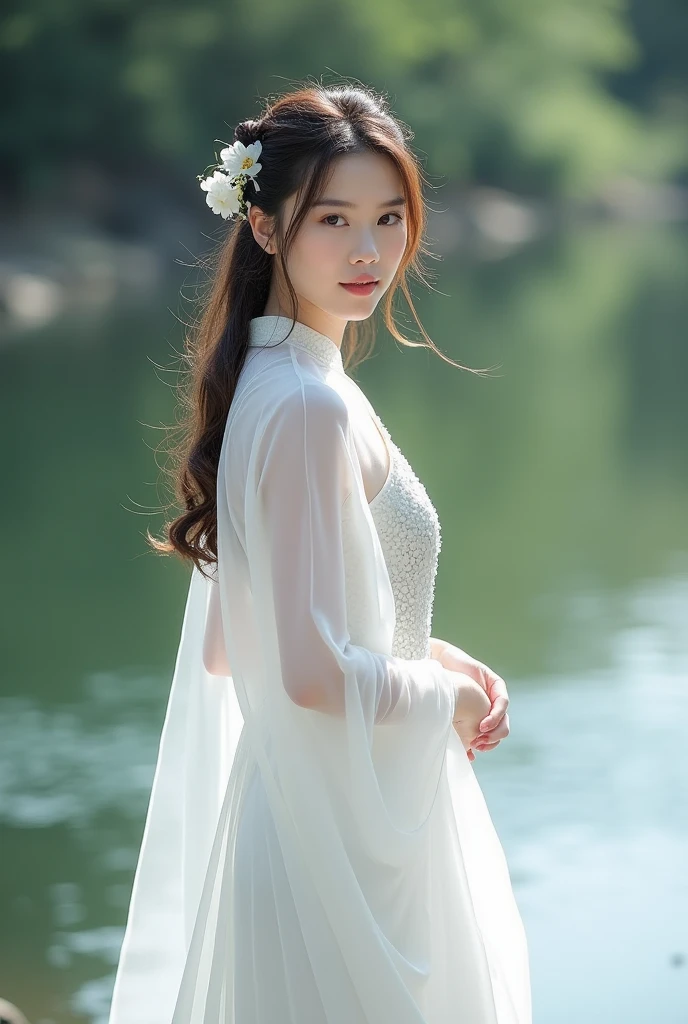 The girl is wearing a Chinese traditional dress and her hair was a silky and Messi here with a flower accessories the colour of the dress is white the girls age was 25 can you add the was her background was a river she looked straight