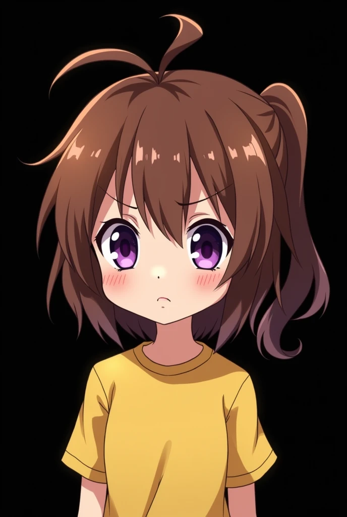Gamer , black background , Anime girl , brown hair colour , ponytail hair style , yellow T-shirt , purple eyes , empty eye lens , uncaring eye , frown expression , teary eye , chibi
