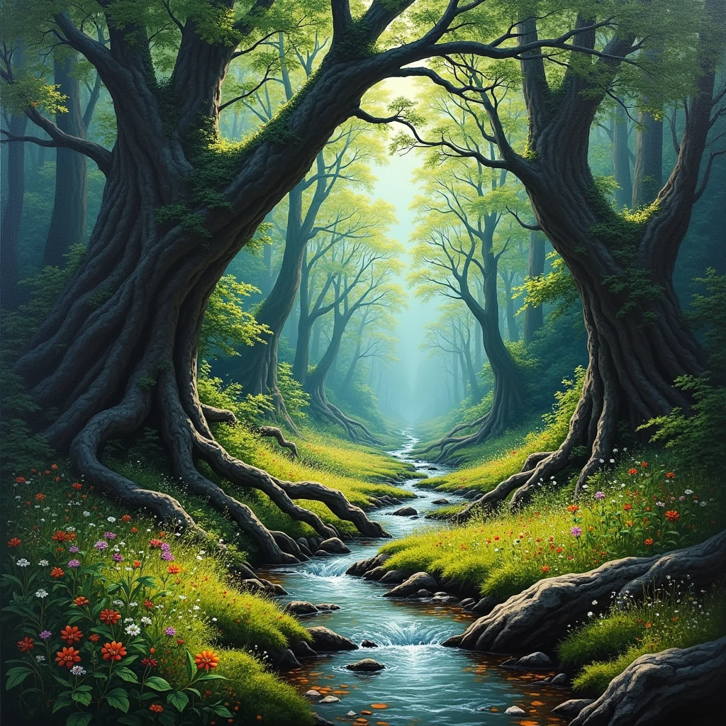 A wild forest scene, oil painting, depicting untamed nature in its full glory. The dense forest is filled with towering ancient trees, their twisted roots and gnarled branches forming a dark canopy overhead. The forest floor is covered in thick undergrowth, with patches of wildflowers adding splashes of color amidst the green. A crystal-clear stream cuts through the landscape, reflecting the dappled sunlight that filters through the leaves. The painting is rich in texture and detail, capturing the wild beauty and mystery of the forest. (masterpiece, ultra detailed, 8K resolution, oil painting, wild nature)