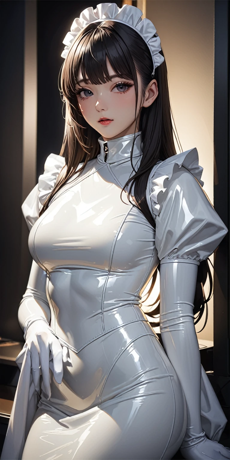 Portraiture、(masterpiece,Highest quality,Ultra-high resolution),Japanese women, (((A very beautiful 25 year old))),(White latex maid outfit)、(White latex tight long skirt)、(A long-sleeved white latex shirt covering the upper body)、White latex long gloves、White latex socks、Latex bodysuit、Latex is very shiny、Dark room at night