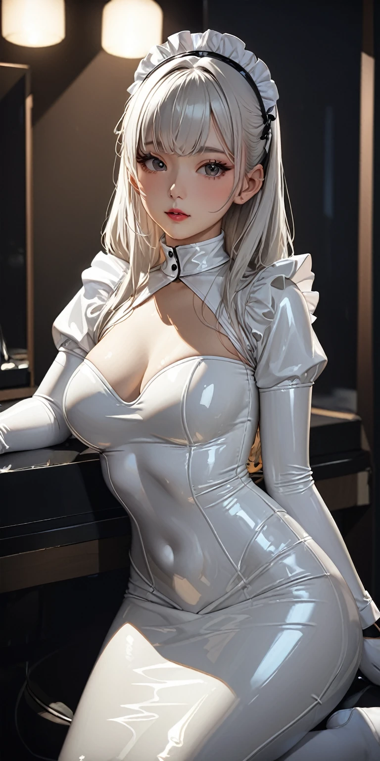 Portraiture、(masterpiece,Highest quality,Ultra-high resolution),Japanese women, (((A very beautiful 25 year old))),(White latex maid outfit)、(White latex tight long skirt)、(A long-sleeved white latex shirt covering the upper body)、White latex long gloves、White latex socks、Latex bodysuit、Latex is very shiny、Dark room at night