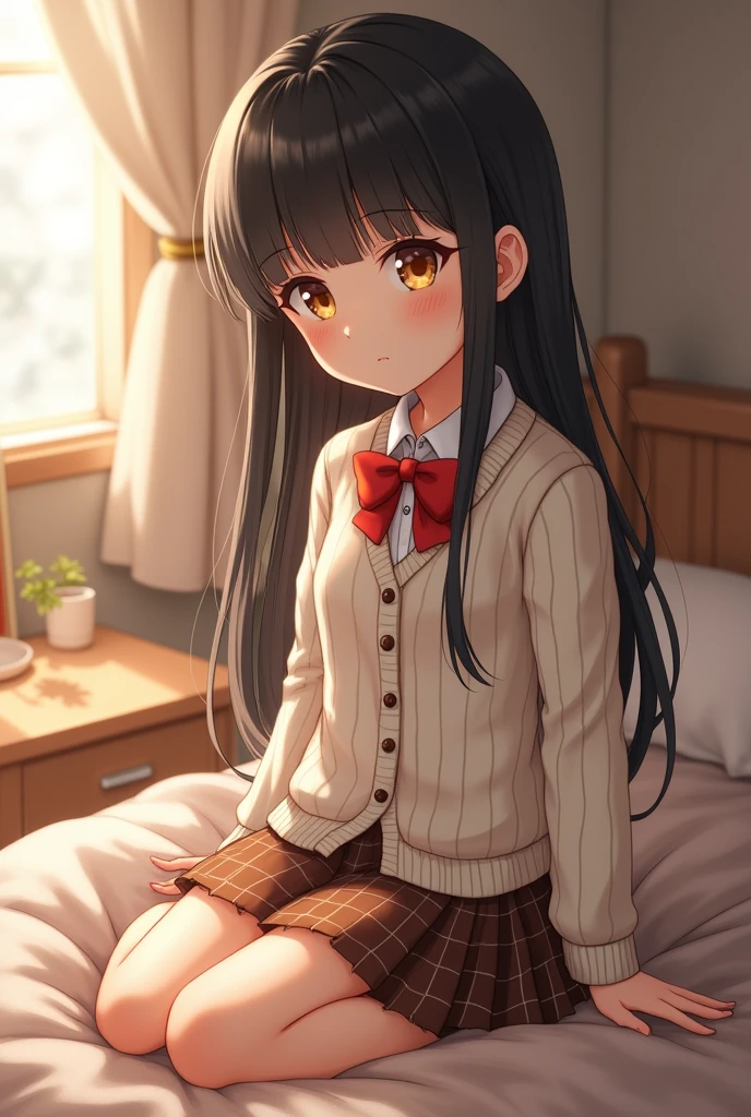 1girl, solo, super fine illustration, an extremely delicate and beautiful, best quality, masterpiece, 8K, long straight black hair, bangs, brown eyes, gentle smile, white ribbed cardigan, brown plaid skirt, black thigh-high socks, school uniform, red bow tie, sitting on bed, indoor bedroom setting, soft lighting, innocent expression, youthful appearance, natural makeup, smooth skin, casual pose, partial body shot, facing viewer, Japanese school girl style, cozy atmosphere, detailed fabric textures, photorealistic style, warm color palette