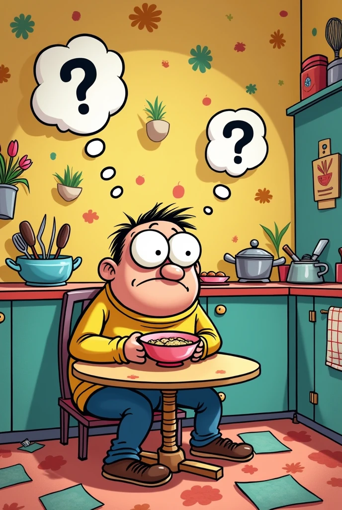 Editorial cartoon fanny face Man sad looking at his empty bowl thinking question mark