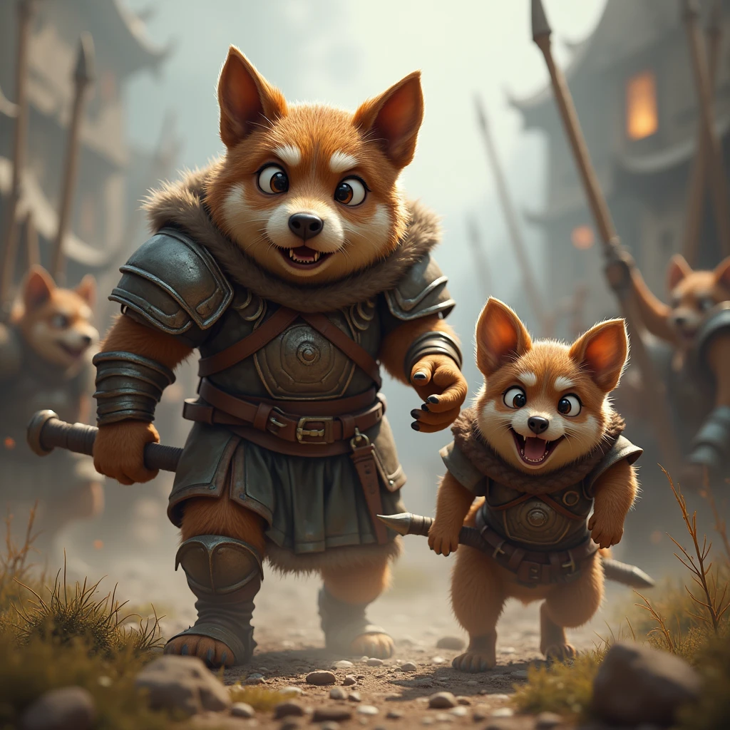 A little barbarian dog with big eyes and brown fur and a old ratfolk in armor enter in rage during a battle, make them looking crazy and angry