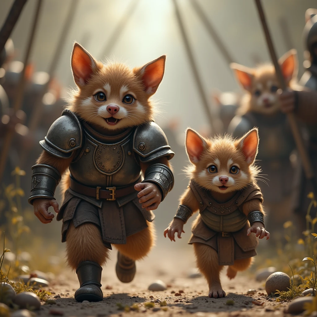 A little barbarian dog with big eyes and brown fur and a old ratfolk in armor enter in rage during a battle, make them looking crazy and angry