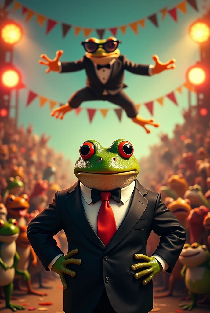 A fat frog with a tux and a red tie and a big crowd and a frog 
dressed as a bodyguard leaping on the stage.  