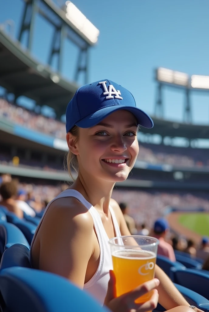 (RAW photo, best quality, masterpiece: 1.2), (photorealistic: 1.4), best lighting, 20 years old, (light gray hair, short cut, hair over ear, Symmetrical eyes, fair skin, solo, Detailed Skin, Detailed Background:1.2),　Front view, smiling, angle from field to bleachers, sitting in bleachers at Dodgers Stadium watching the game, holding iPhone 15 Pro in one hand, large crowd, wearing Los Angeles Dodgers baseball cap, white tank top, large breasts, accessories, hair tied back, daytime, exposed to sunlight, holding a beer in a clear cup in one hand, l