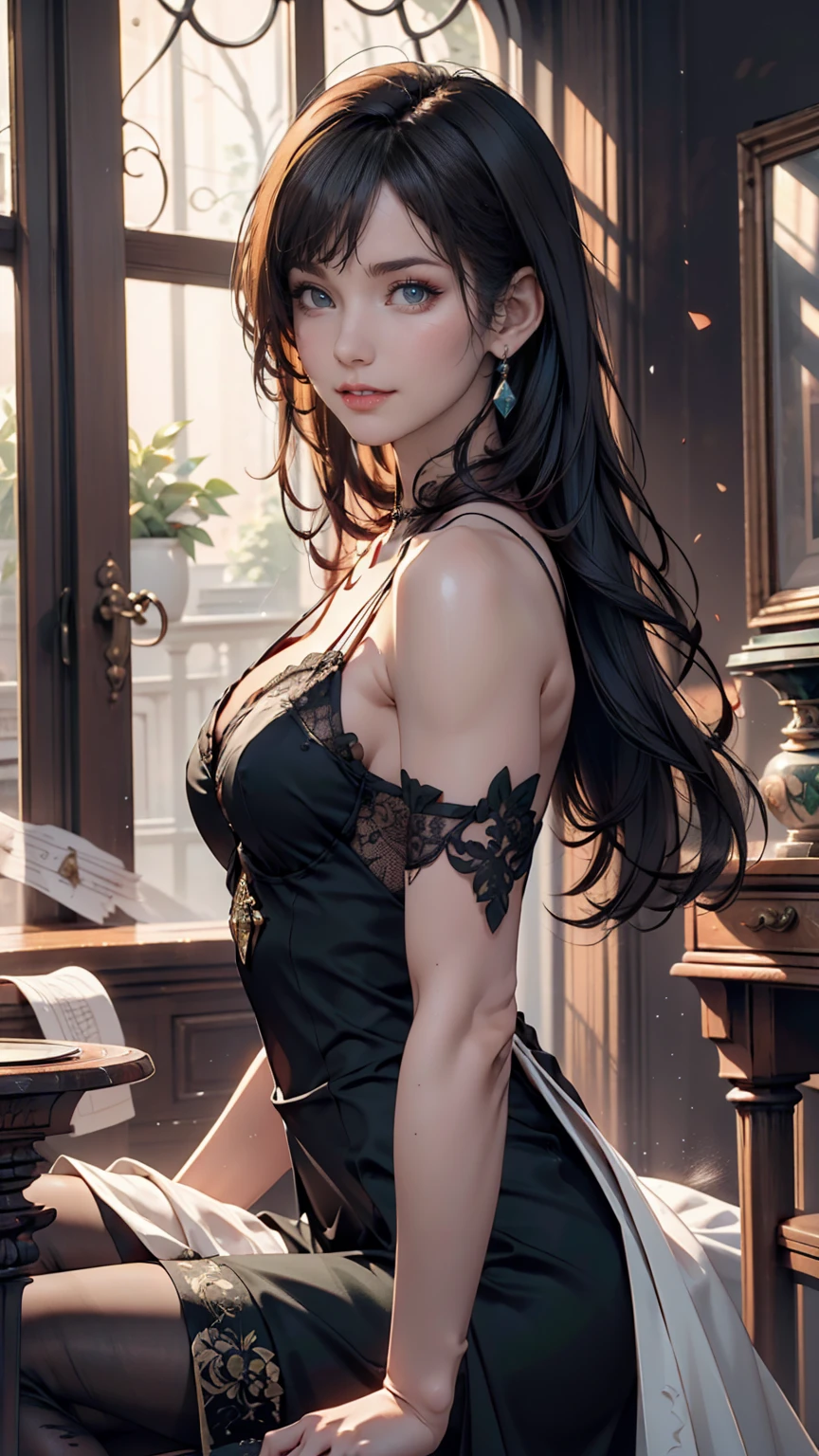 1 person, heroine,sexly、Spilled ink background、, Black Hair, Floating Hair, Delicate eyes, Black and green antique dress, Fob, (1 1 1.8), (masterpiece), (Portrait Shot), Front shot, Stiletto heels、smile