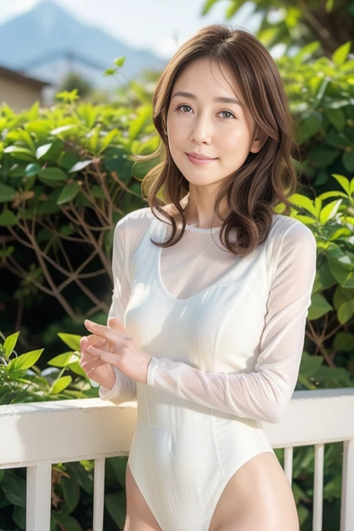 (masterpiece, Highest quality:1.4), (Are standing:1.4), (Dynamic pose:1), One person,  short hair, (Beautiful woman with smooth skin:1.2), Long brown hair, Brown eyes, nature, Cinematic Light, Glossy mesh bodysuit, ( Body protector,Thin leotard:1.4), Large Breasts, Cleavage, mini skirt, Mountains and green fields after rain, Beautiful smile, Beautiful Face, Highly detailed face, Highly detailed eyes, Highly detailed skin, Skin pores, Scattered beneath the surface, Realistic pupils, Blush all over face, Fuller lips, Detailed Background, Depth of written boundary, Volumetric lighting, Sharp focus, Absurd, Realistic proportions, Excellent anatomy, (Realistic, hyperRealistic:1.4), 16k hdr,