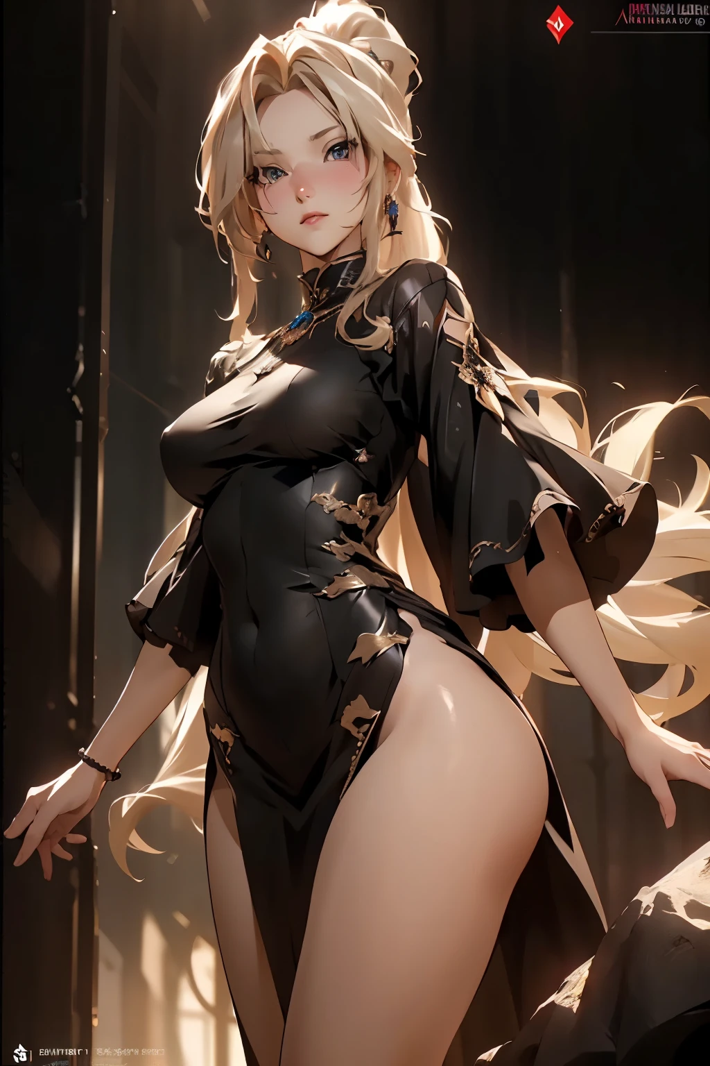 ((best quality)), ((Masterpiece)), (details:1.4), 3d, HDR (high dynamic range), amature woman, Blonde hair, High Ponytail,  beautiful red eyes, hips up จมูกโด่ง, ปากแดง, หน้าอกใหญ่, nvidia RTX, PBR surface, After processing, Anisotropic filtration,depth of field, Maximum clarity and clarity, multi-layered surface, Subsurface scattering, perfect proportions, 8K raw files, ultra detailed, Unreal 5, Perfect proportions, Octane Render,  volumetric lighting, soft lighting, black dress, jewely, ต่างหู