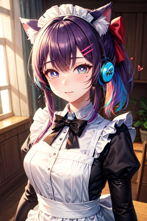 rainbow hair, ponytail, hairclip, hair ribbon, hair bow, maid headdress, goggles, mole under eye, heart-shaped pupils, cat ear headphones, bored