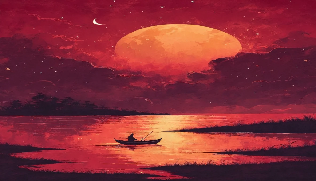 以Steven old style, crimson background, Chemiluminescence. (cartoon. The night will pass, A clear morning is coming. I know happiness is waiting for you and me. The night will pass, The storm will pass, The sun will rise in one new moon, Romantic, Fairy tale background) (Minimalism: 1), Original details. Steven old style.