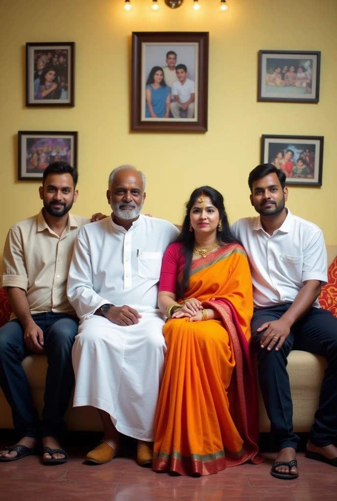 A father with white dothi dress mothe with saree they all are sitting in a soffa and there two men and the mens are skini sitting both of the saids like a family photo