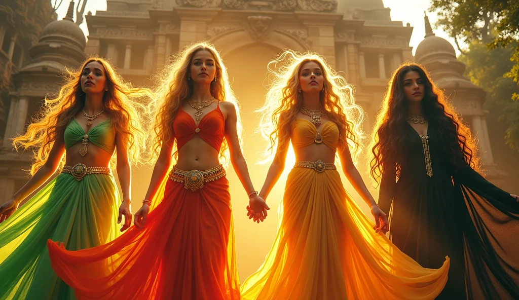 A cinematic-style thumbnail featuring four distinct divine female beings, each representing different aspects of nature and power. The first divine being is adorned in gold and green, symbolizing wealth and prosperity, with a serene and inviting expression. The second is draped in fiery red and orange, embodying power and ferocity, with a fierce and commanding gaze. The third wears soft pastels, representing love and peace, with a gentle and compassionate smile. The fourth divine being is in dark, mysterious colors, symbolizing protection and the unknown, with a vigilant and intense expression. Each being is surrounded by a glowing aura that matches their colors, set against a backdrop of ancient Indian architecture, such as stupas, sacred trees, and intricate carvings.