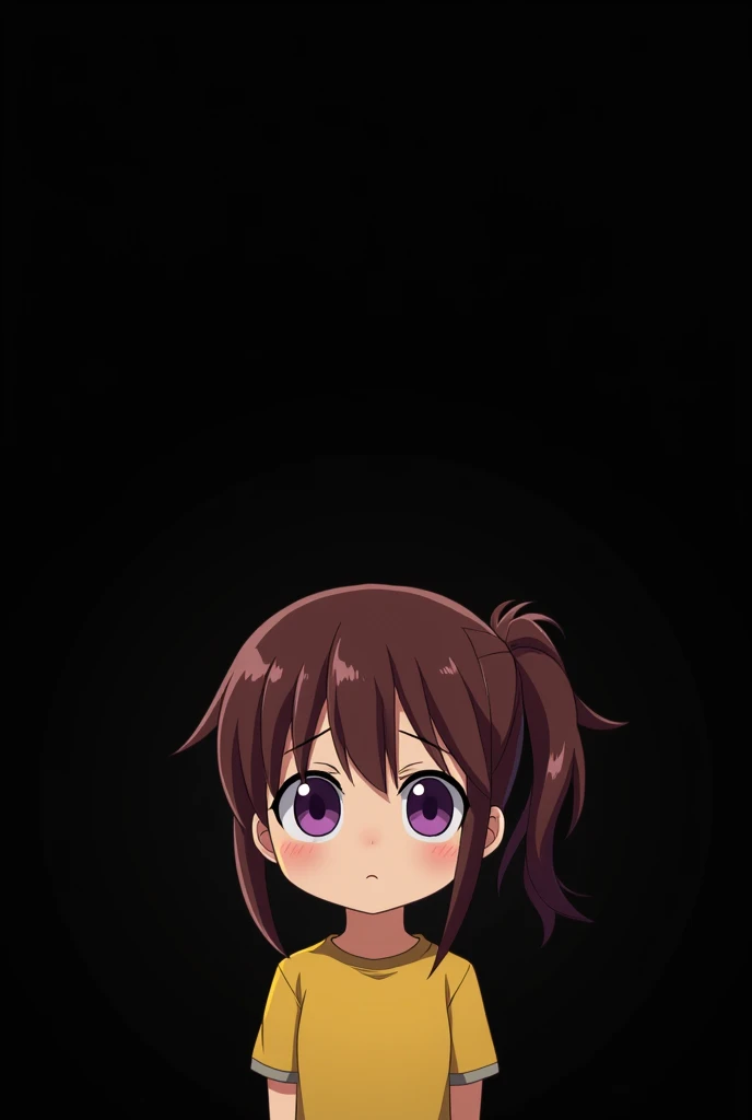 Gamer , black background , Anime girl , brown hair colour , ponytail hair style , yellow T-shirt , purple eyes , empty eye lens , uncaring eye , frown expression , teary eye , chibi
