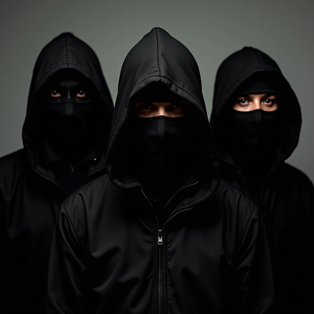 Portrait of three black men wearing assassin costumes and a dark mask over their faces