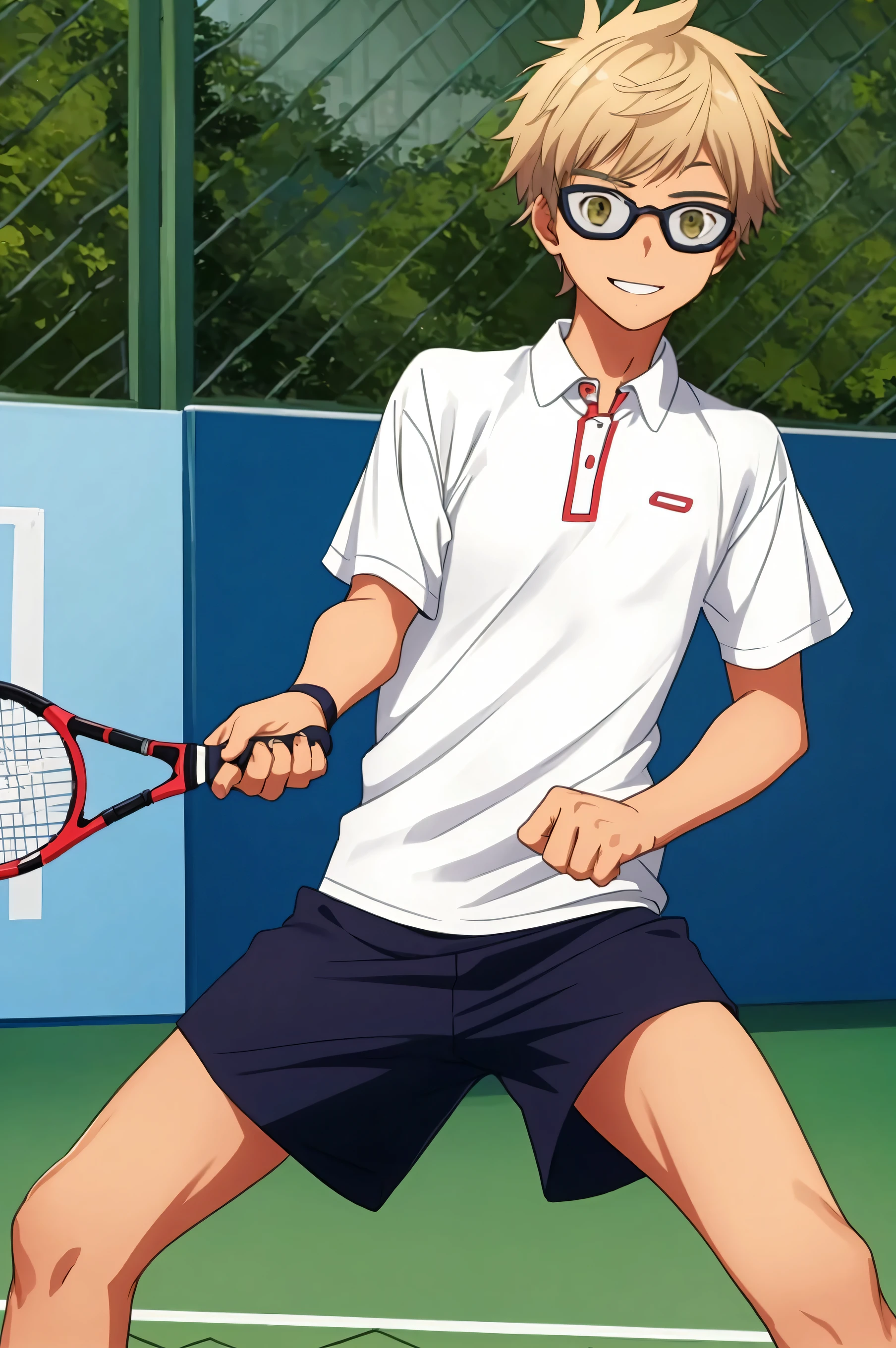 A 15-year-old boy playing tennis The expression is a smile Glasses I have a racket Natural posture