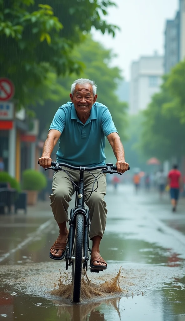 Mr. Tu got mud on him. Mr. Tu got mud on him as he cycled through a puddle.. It's raining.
3D image
Mr. Tu is a man over 60 years old, skinny, dark skin, short neat silver hair. He wore a light blue short-sleeved shirt., light gray khaki pants, brown rubber sandals. His face was full of wrinkles but gentle and cheerful..