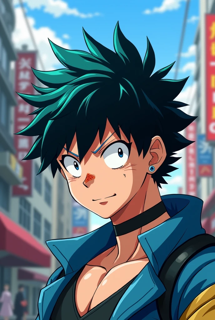 My Hero Academia anime style, that doesn't look like the protagonists, short black hair with blue streaks, white eyes, a scar on the nose, that looks tough and kind with an earring in his ear
