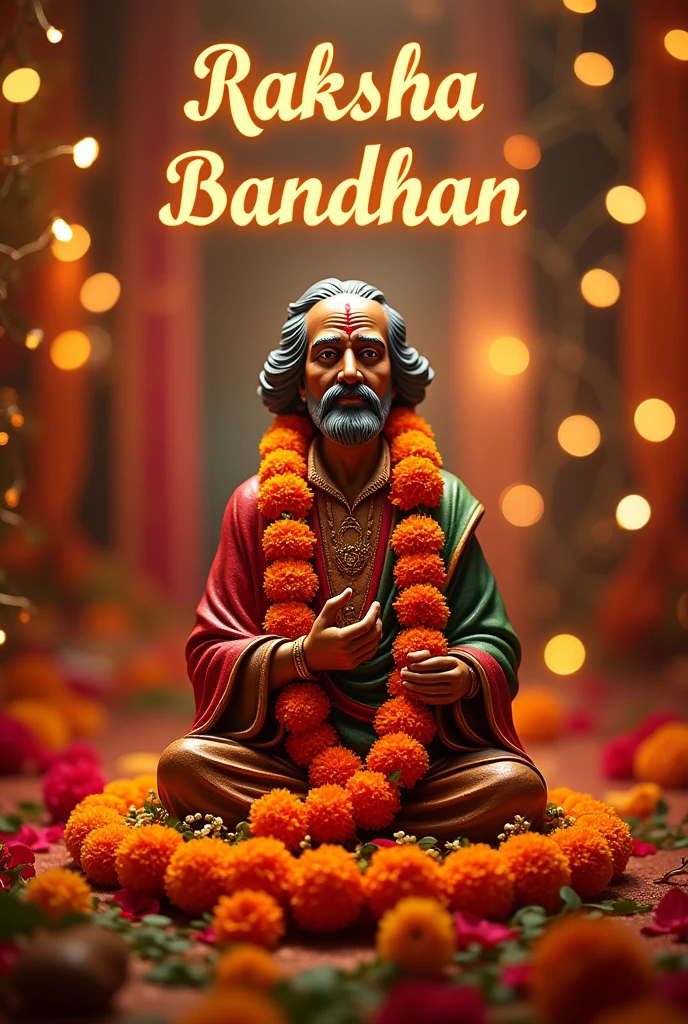 Happy Raksha Bandhan, uper text Raksha Bandhan.  Idol is Rabindranath Tagore
