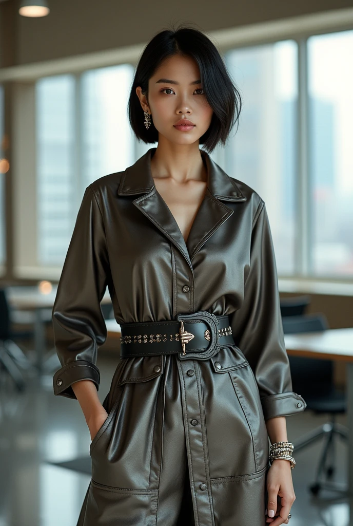 4. Industrial Belted Tunic:
• A long tunic top in a soft metallic fabric, cinched at the waist with an industrial-style belt. The belt features small, functional pouches and a minimalist buckle, adding a dystopian vibe to the otherwise casual look.
Can you create me 10 images for these topics these are costumes inspired by the movie elysium 2013 for a girl For more casual office wear can you create images only create images for girls