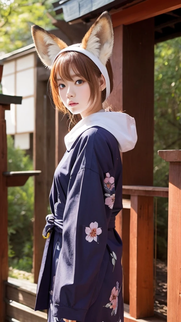 Fox ears、、Odd Eye、Japanese style clothing、shrine