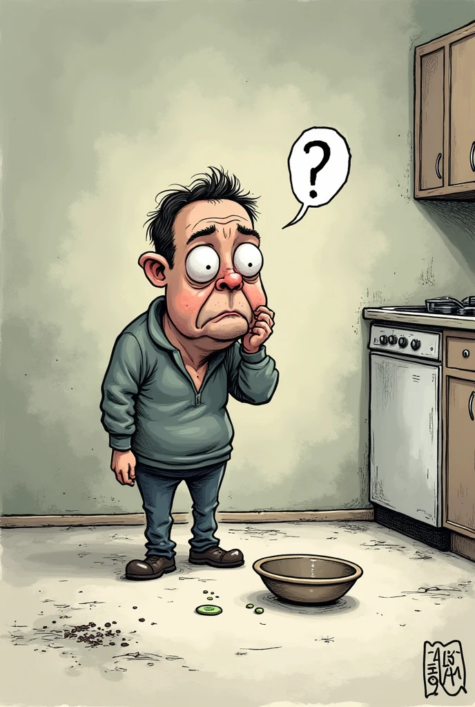 Editorial cartoon fanny face Man standing sad looking at his empty bowl thinking question mark